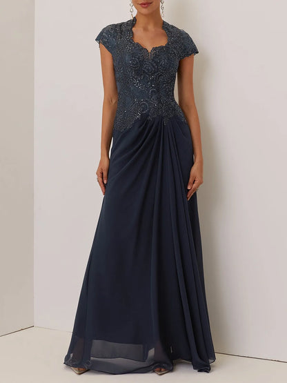 Elegant Beaded‑Lace A‑Line Queen‑Anne‑Neck Short‑Cap‑Sleeve Keyhole‑Back Ruched‑Chiffon Floor‑Length Evening Dresses