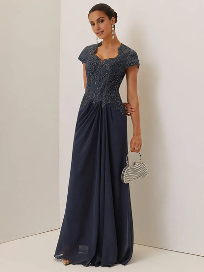 Elegant Beaded‑Lace A‑Line Queen‑Anne‑Neck Short‑Cap‑Sleeve Keyhole‑Back Ruched‑Chiffon Floor‑Length Evening Dresses