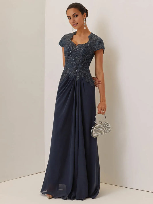 Elegant Beaded‑Lace A‑Line Queen‑Anne‑Neck Short‑Cap‑Sleeve Keyhole‑Back Ruched‑Chiffon Floor‑Length Evening Dresses