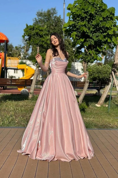 Elegant A-Line Sweetheart Sleeveless Pleated Backless Satin Floor Length Prom Dress