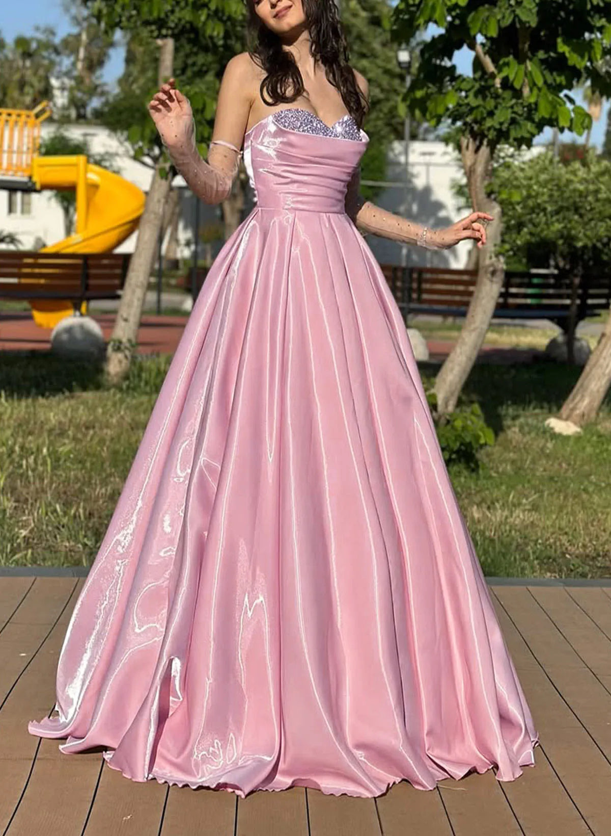 Elegant A-Line Sweetheart Sleeveless Pleated Backless Satin Floor Length Prom Dress