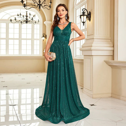 Elegant A-Line V-Neck Sleeveless Sequin Emerald Green Floor-Length Prom Dress