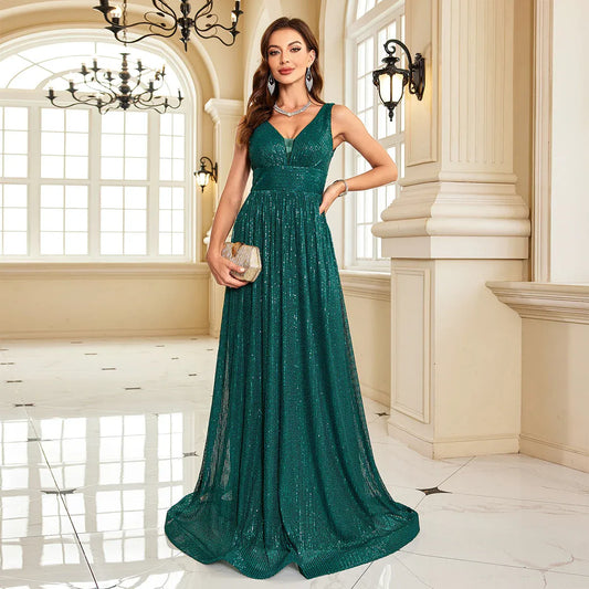 Elegant A-Line V-Neck Sleeveless Sequin Emerald Green Floor-Length Prom Dress