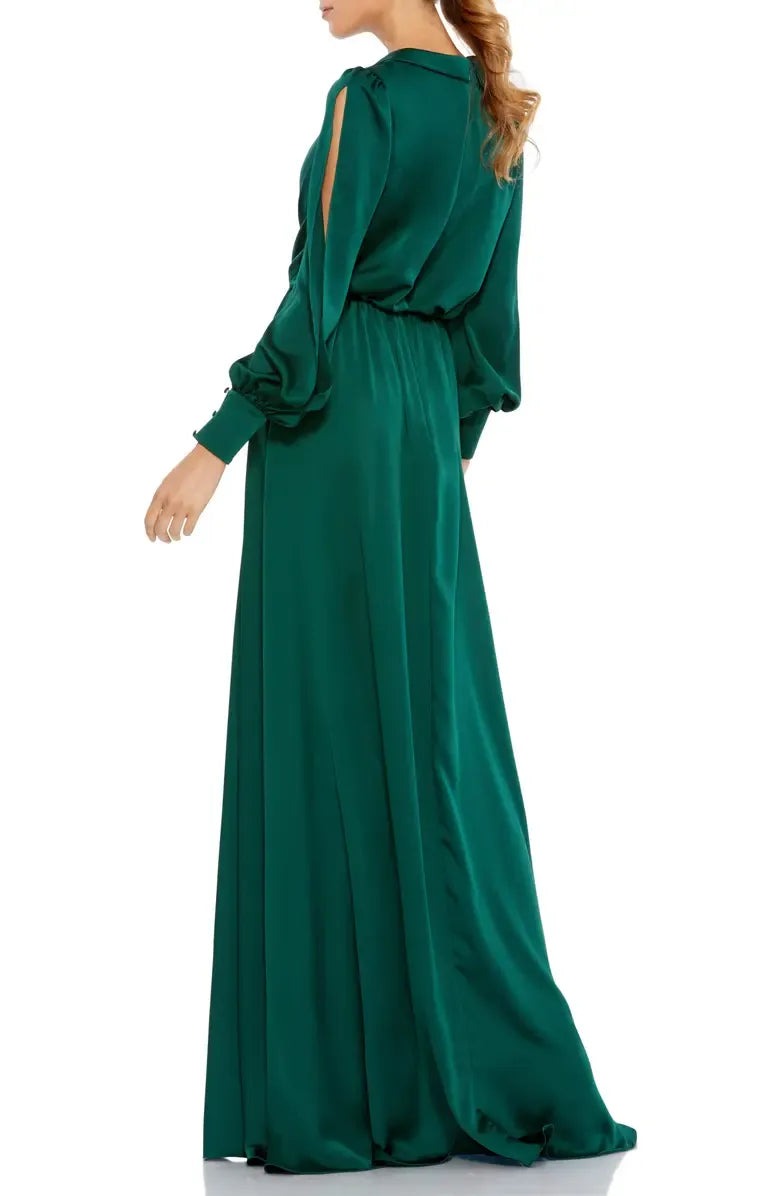 Elegant A-Line V-neck Long Sleeve Satin Sweep/Brush Train Prom Dress
