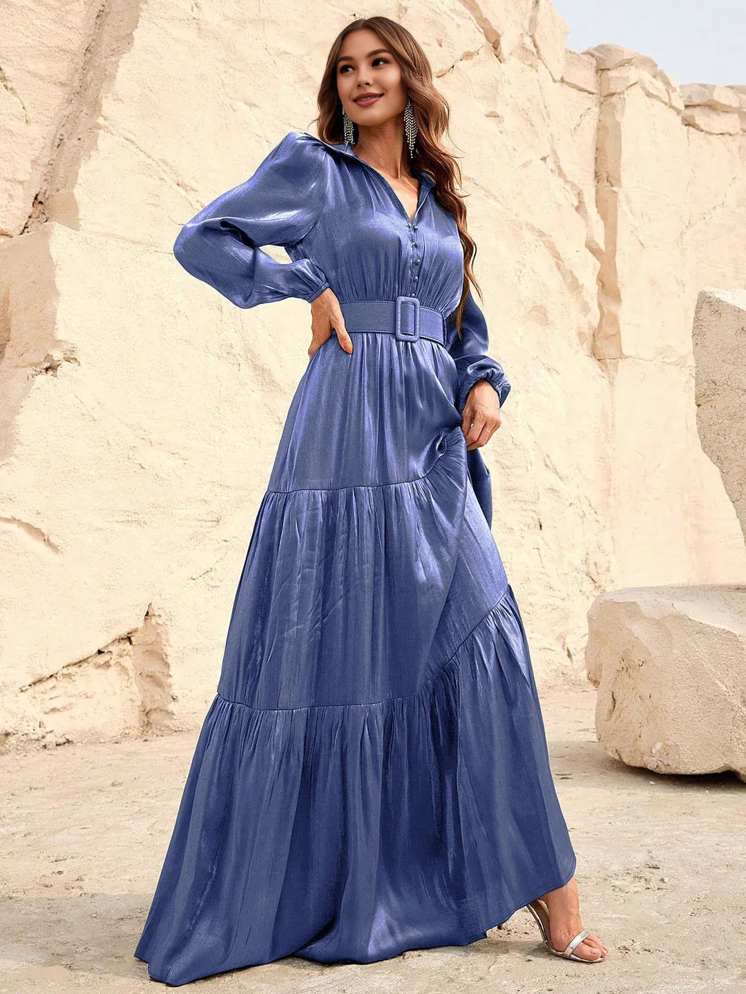 Elegant A-Line V Neck Lantern Sleeve Floor-Length Prom Dress