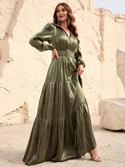 Elegant A-Line V Neck Lantern Sleeve Floor-Length Prom Dress