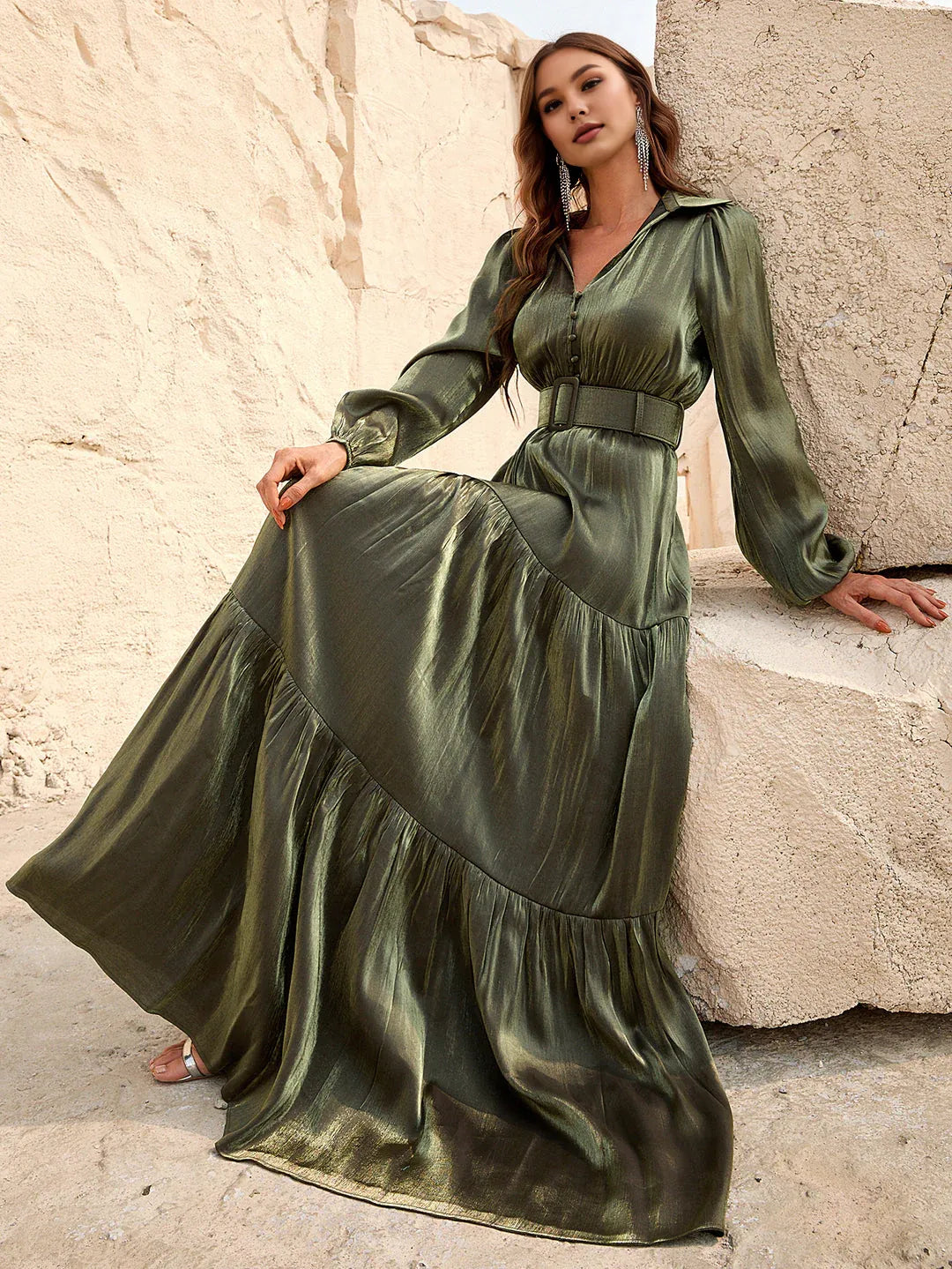 Elegant A-Line V Neck Lantern Sleeve Floor-Length Prom Dress