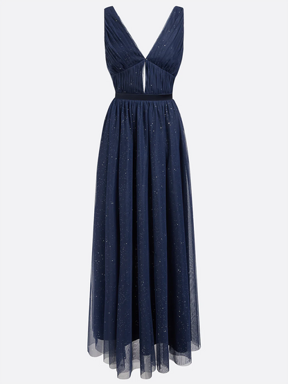 Elegant A-Line V Neck Sleeveless Back Zip Ankle-Length Evening Dress