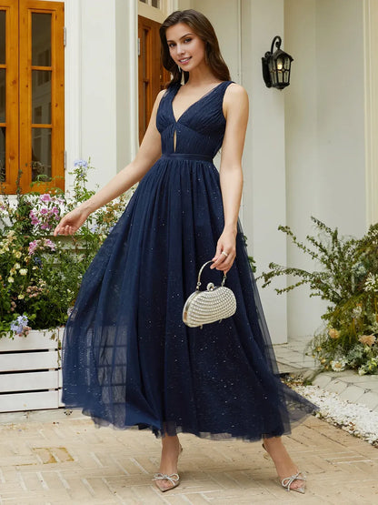Elegant A-Line V Neck Sleeveless Back Zip Ankle-Length Evening Dress