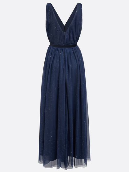 Elegant A-Line V Neck Sleeveless Back Zip Ankle-Length Evening Dress