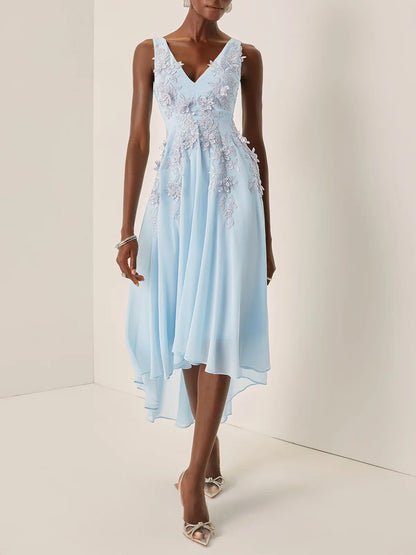 Elegant A-Line V Neck Sleeveless Zipper Up Asymmetric-Length Prom Dress