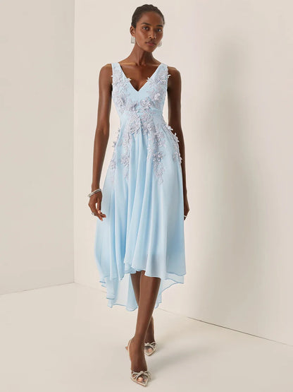 Elegant A-Line V Neck Sleeveless Zipper Up Asymmetric-Length Prom Dress