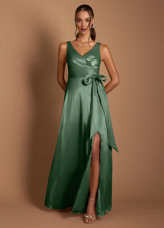 Elegant A-Line V Neck Sleeveless Zipper Up Floor-Length Evening Dress