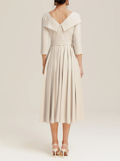 Elegant A-Line V Neck Three Quarter Sleeve Back Zip Tea-Length Evening Dress