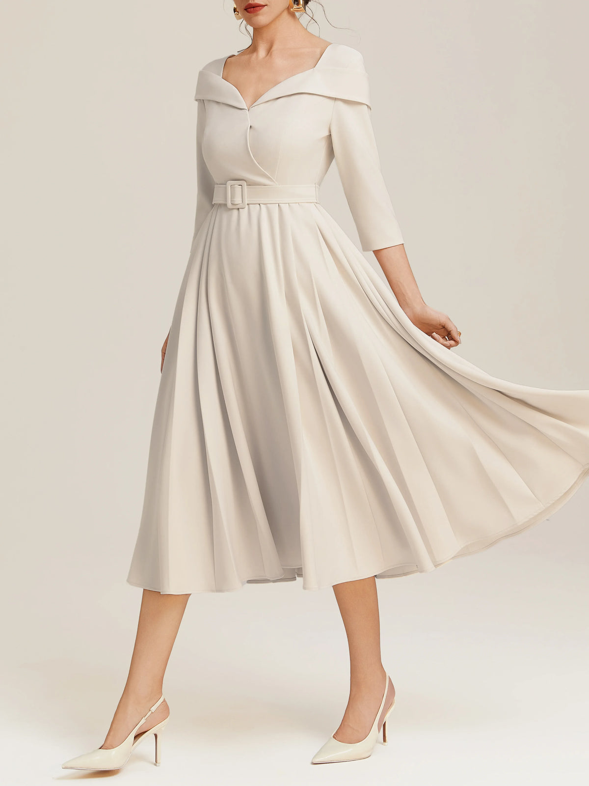 Elegant A-Line V Neck Three Quarter Sleeve Back Zip Tea-Length Evening Dress