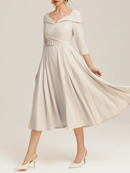 Elegant A-Line V Neck Three Quarter Sleeve Back Zip Tea-Length Evening Dress