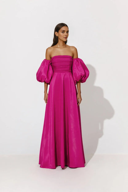 Elegant A-line Off Shoulder Puff Sleeve Backless Floor Length Evening Gown