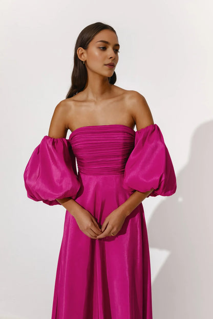 Elegant A-line Off Shoulder Puff Sleeve Backless Floor Length Evening Gown