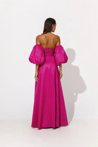 Elegant A-line Off Shoulder Puff Sleeve Backless Floor Length Evening Gown