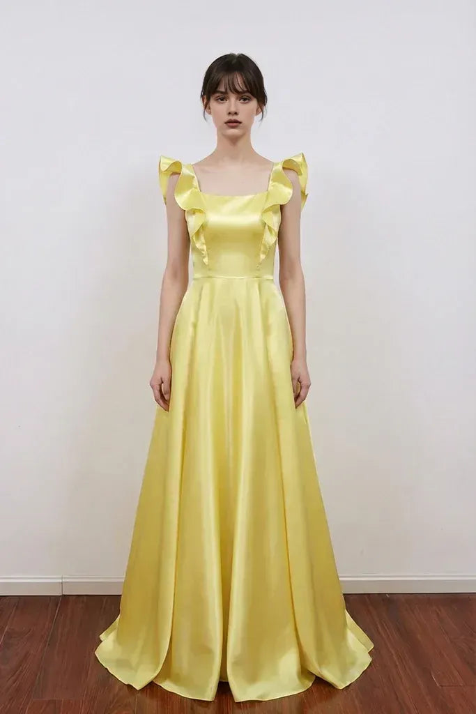 Elegant A-line Ruffle Strap Bow Back Satin Floor Length Prom Gown