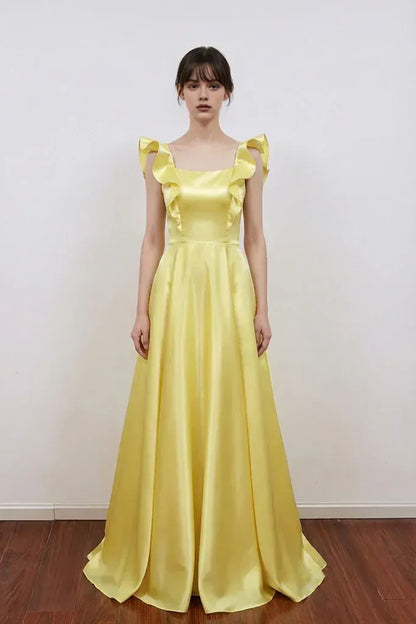 Elegant A-line Ruffle Strap Bow Back Satin Floor Length Prom Gown