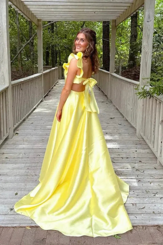 Elegant A-line Ruffle Strap Bow Back Satin Floor Length Prom Gown