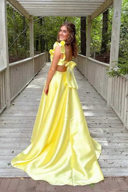 Elegant A-line Ruffle Strap Bow Back Satin Floor Length Prom Gown