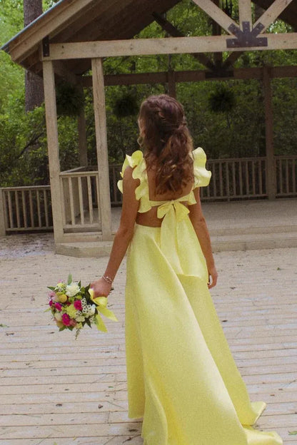 Elegant A-line Ruffle Strap Bow Back Satin Floor Length Prom Gown