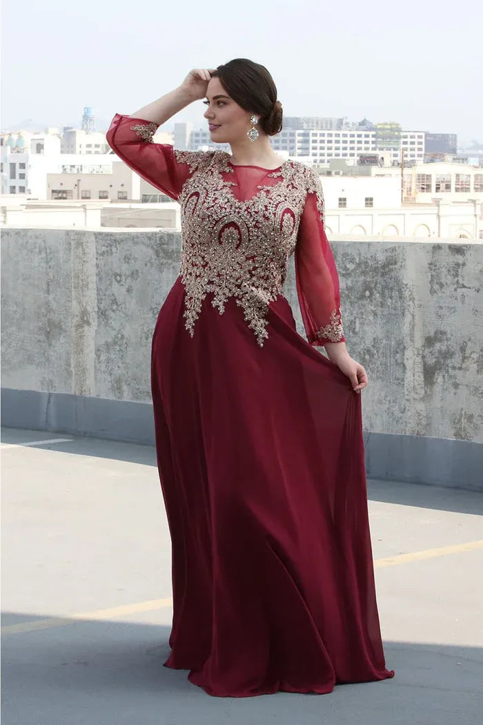 Unique A-line Scoop Neck Long Sleeve Sheer Back Floor-Length Prom Dress