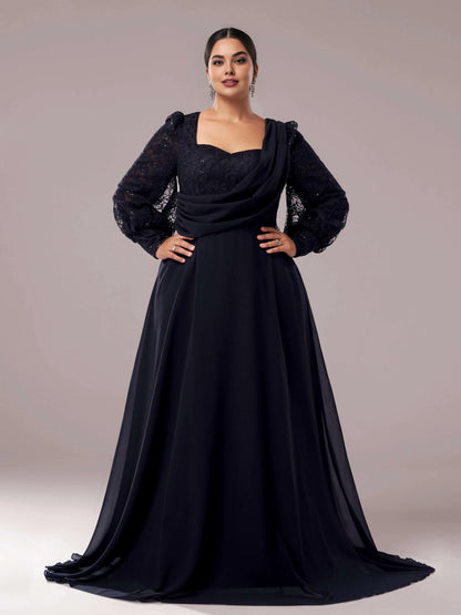 Elegant A-line Square Neck Long Sleeve Zipper Up Floor-Length Plus Size Prom Dress