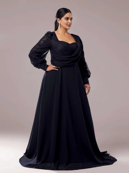 Elegant A-line Square Neck Long Sleeve Zipper Up Floor-Length Plus Size Prom Dress