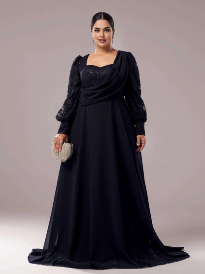 Elegant A-line Square Neck Long Sleeve Zipper Up Floor-Length Plus Size Prom Dress