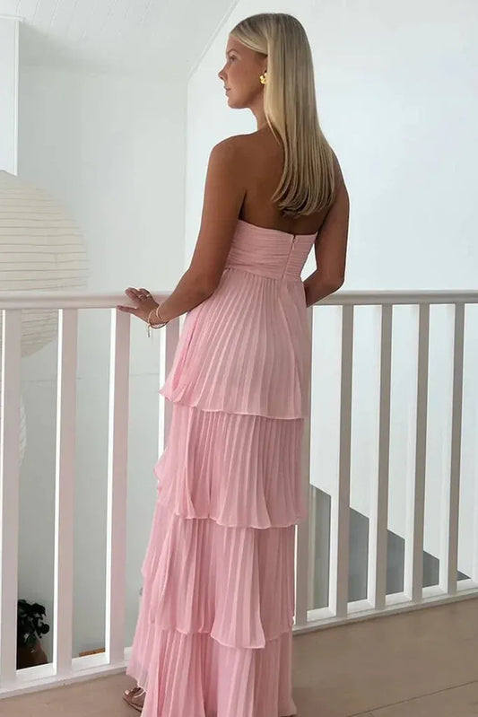 Elegant A-line Strapless Tiered Pleated Floor Length Chiffon Maxi Dress Prom Dress