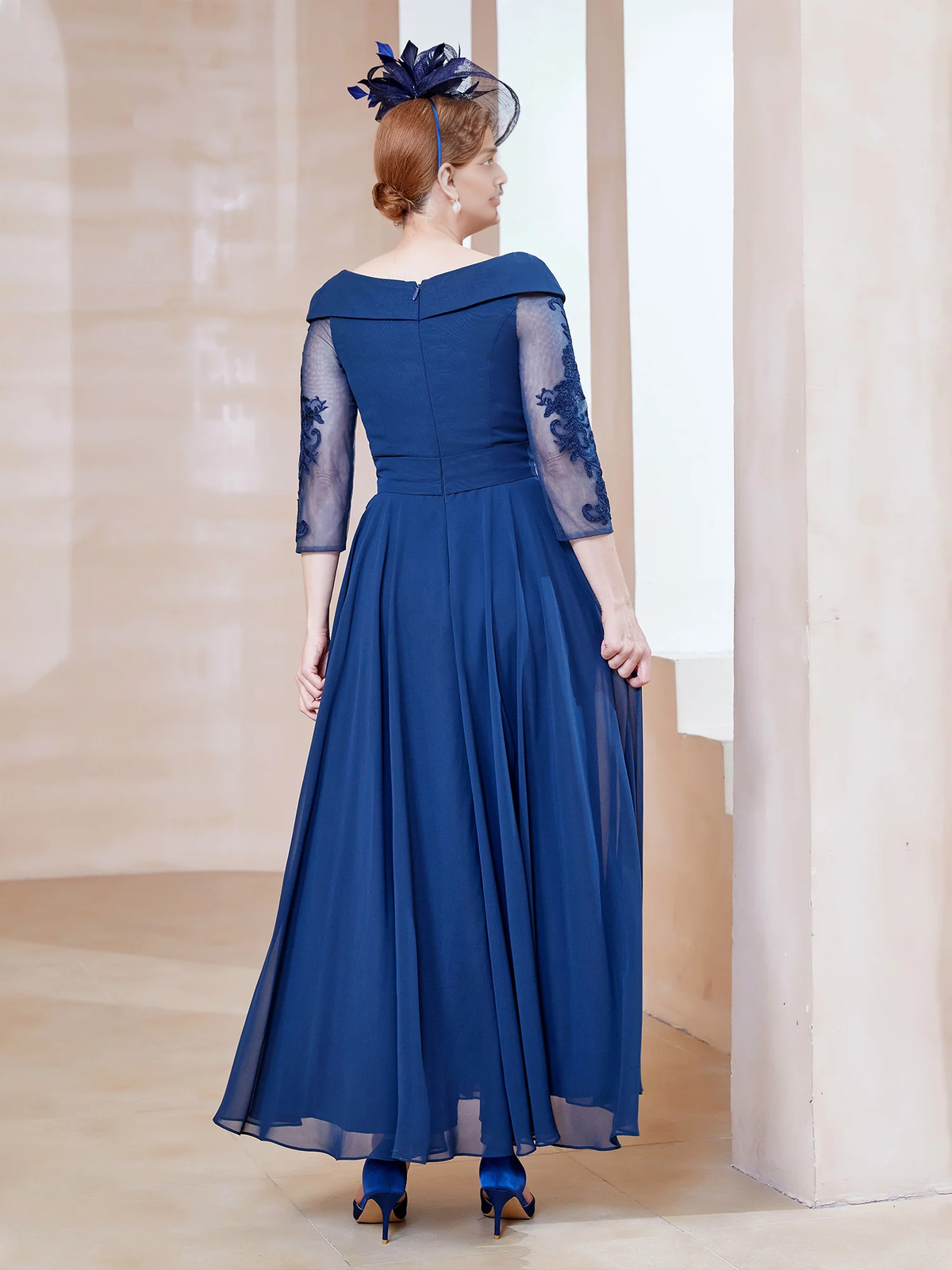 Elegant A-line V-neck Appliqued Ankle Length Chiffon Long Sleeves Mother of the Bride Dress