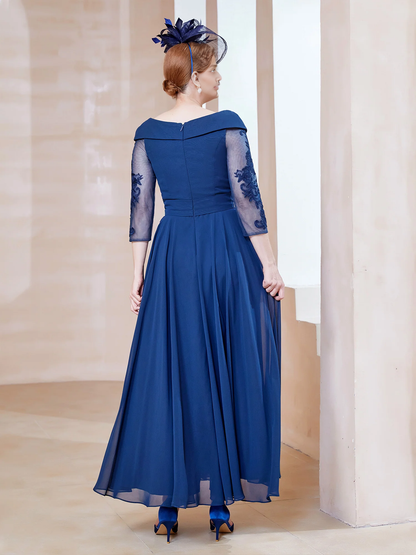 Elegant A-line V-neck Appliqued Ankle Length Chiffon Long Sleeves Mother of the Bride Dress