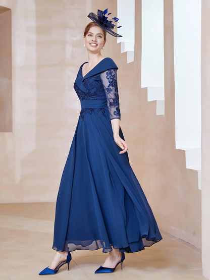 Elegant A-line V-neck Appliqued Ankle Length Chiffon Long Sleeves Mother of the Bride Dress