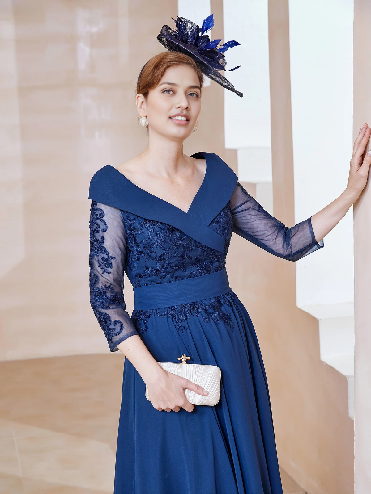 Elegant A-line V-neck Appliqued Ankle Length Chiffon Long Sleeves Mother of the Bride Dress