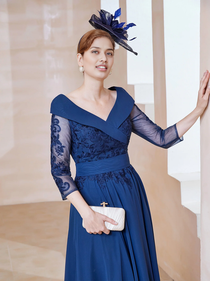 Elegant A-line V-neck Appliqued Ankle Length Chiffon Long Sleeves Mother of the Bride Dress