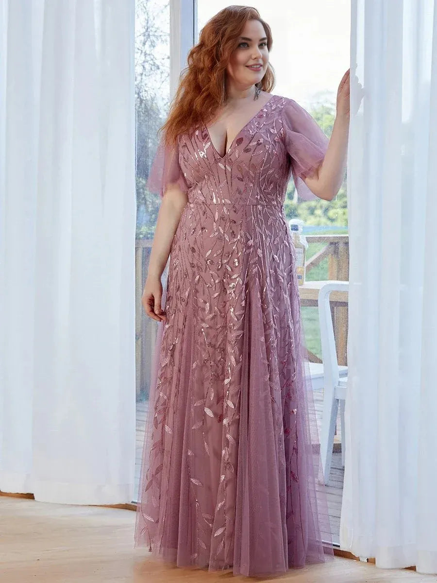 Elegant A-line V Neck Flutter Sleeve Back Zip Floor-Length Plus Size Prom Dress