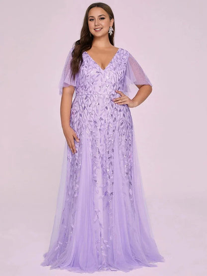 Elegant A-line V Neck Flutter Sleeve Back Zip Floor-Length Plus Size Prom Dress