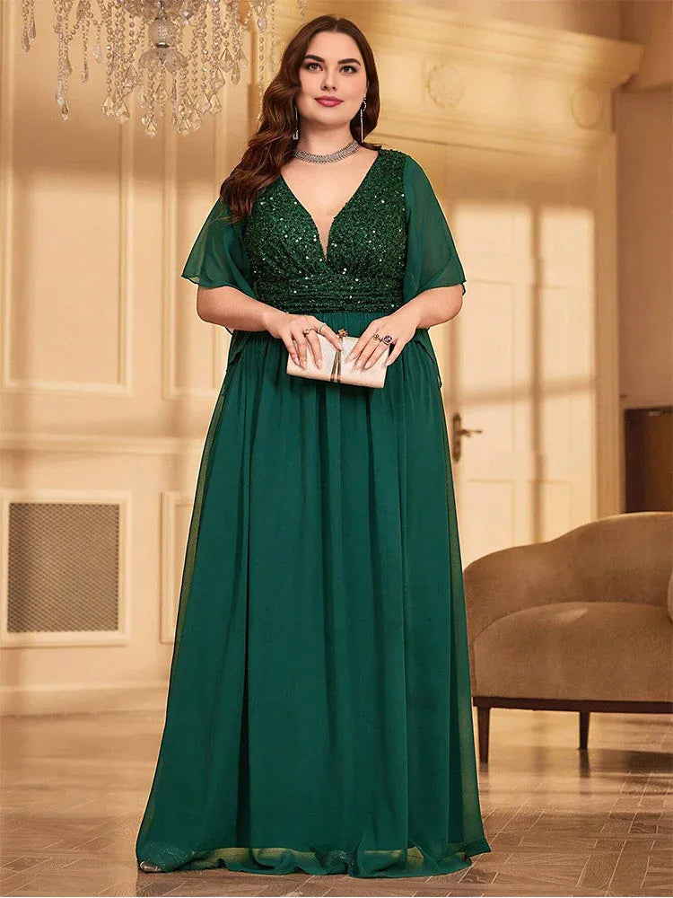 Elegant A-line V Neck Flutter Sleeve Backless Floor-Length Plus Size Prom Dress