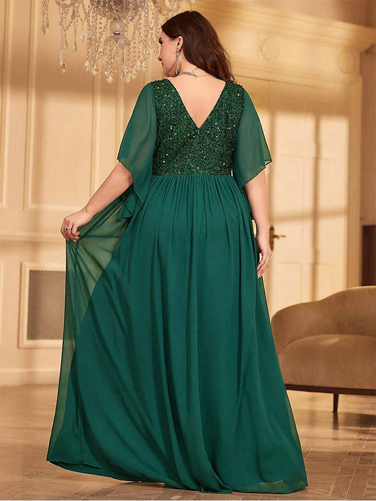 Elegant A-line V Neck Flutter Sleeve Backless Floor-Length Plus Size Prom Dress
