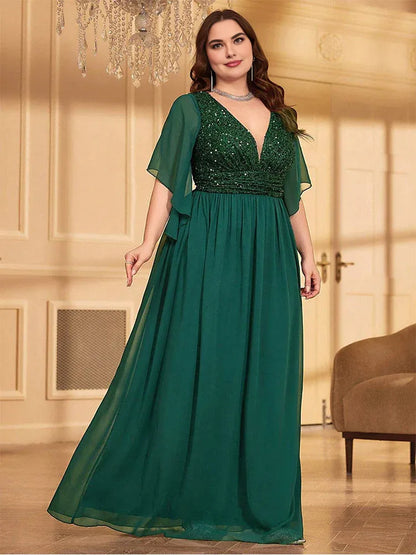 Elegant A-line V Neck Flutter Sleeve Backless Floor-Length Plus Size Prom Dress