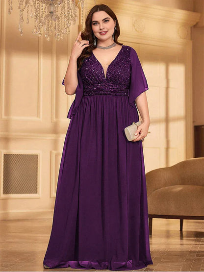 Elegant A-line V Neck Flutter Sleeve Backless Floor-Length Plus Size Prom Dress