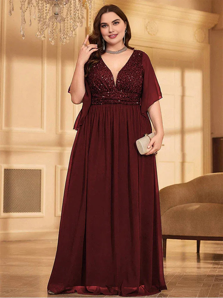Elegant A-line V Neck Flutter Sleeve Backless Floor-Length Plus Size Prom Dress