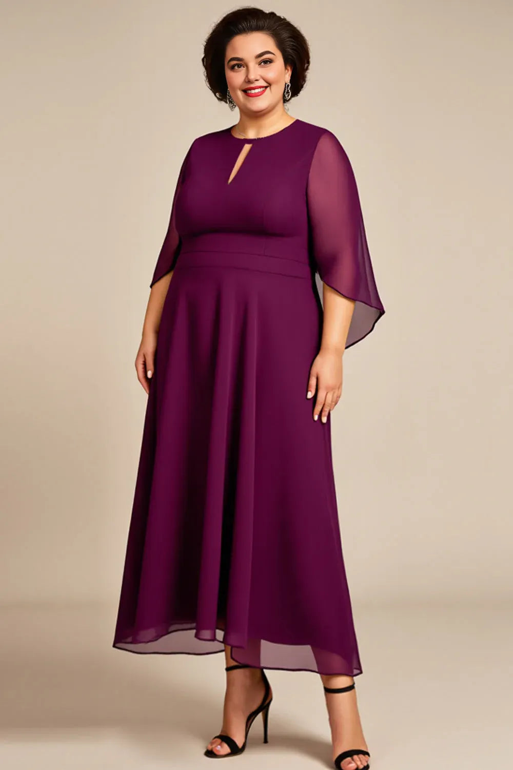 Elegant A Line Hight Neck Long Sleeves Zipper Up Ankle-Length Plus Size Mother of the Bride Dress