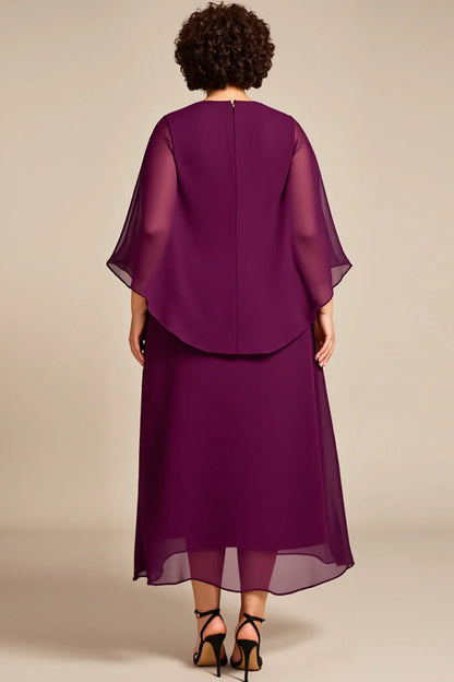 Elegant A Line Hight Neck Long Sleeves Zipper Up Ankle-Length Plus Size Mother of the Bride Dress