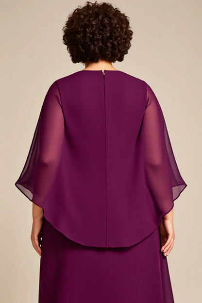 Elegant A Line Hight Neck Long Sleeves Zipper Up Ankle-Length Plus Size Mother of the Bride Dress