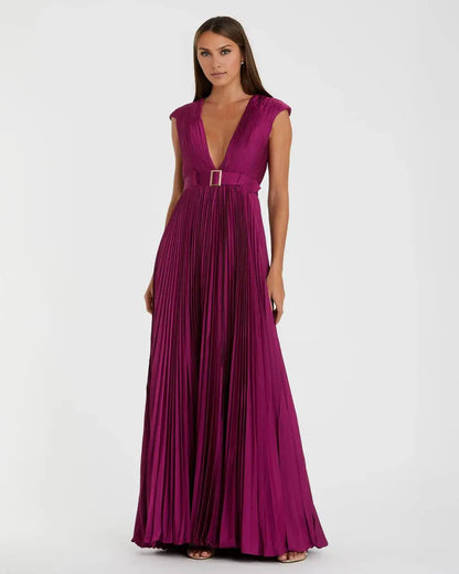 Elegant A Line Plunge Neck Cap Sleeve Zipper Up Floor-Length Prom Dress