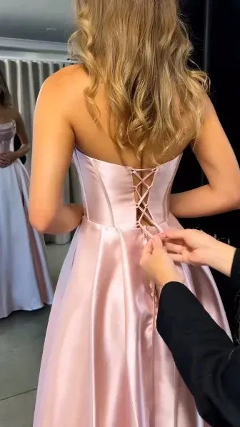 Elegant Beaded‑Trim Satin A‑Line Strapless Cowl‑Neck Lace‑Up‑Back High‑Slit Pocket Floor‑Length Evening Dresses